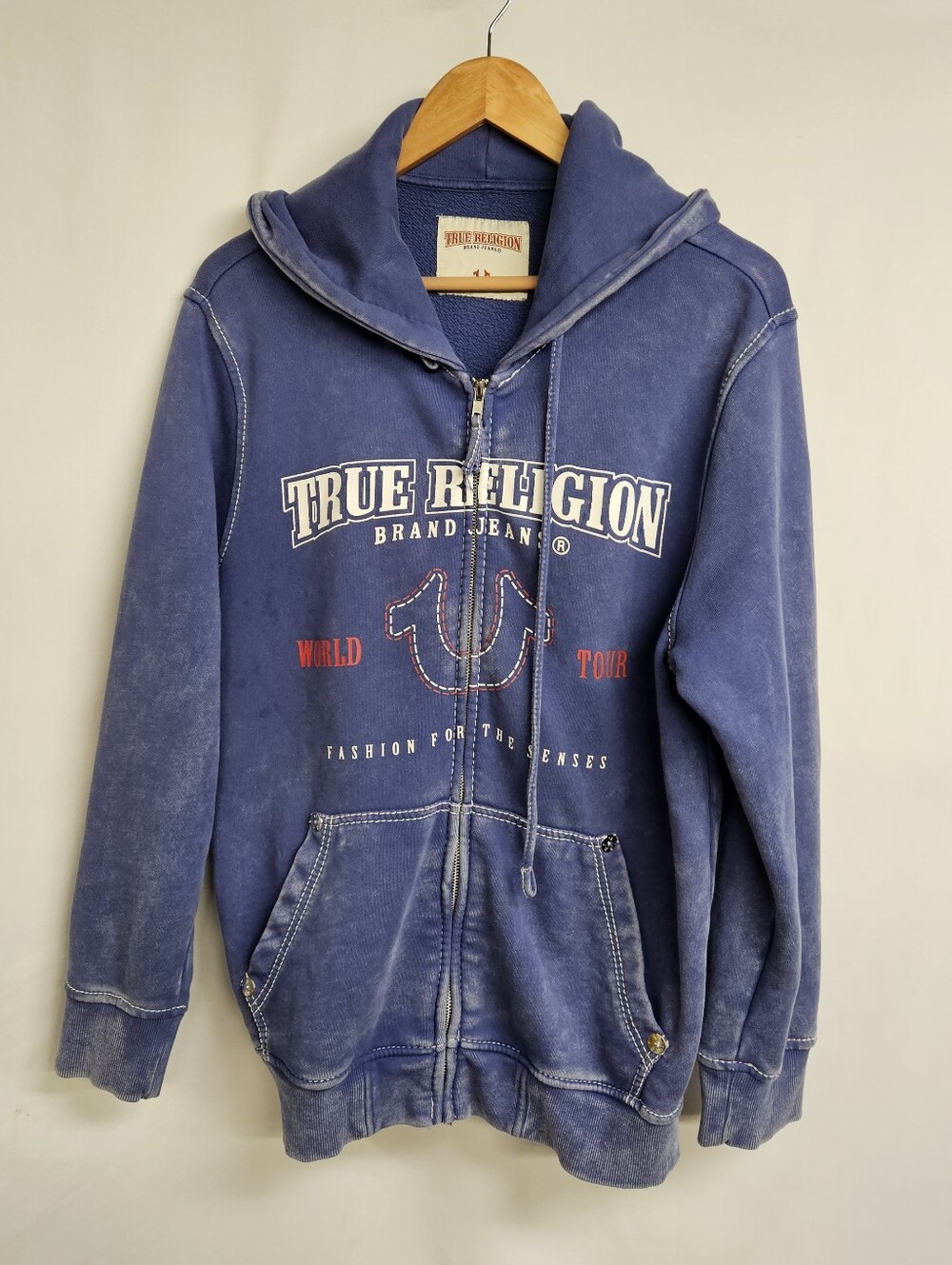 True Religion Jacket Mens Medium Blue Full Zip Big T Hoodie Acid Wash Sweatshirt